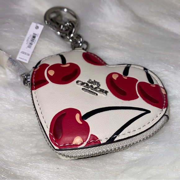 Coach 🍒 Cherry print keychain heart New bag charm - Picture 3 of 13